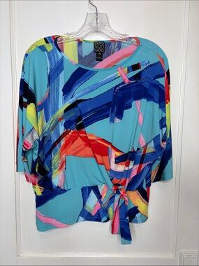 Clara Sun Woo Turquoise Abstract Multicolor Artsy Tie-Front Blouse Sz PM